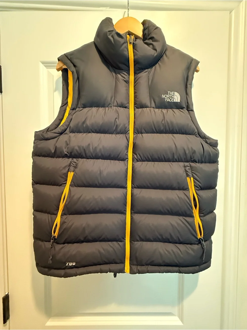 The North Face Men’s Down Vest in Charcoal with Yellow Trim (Medium)